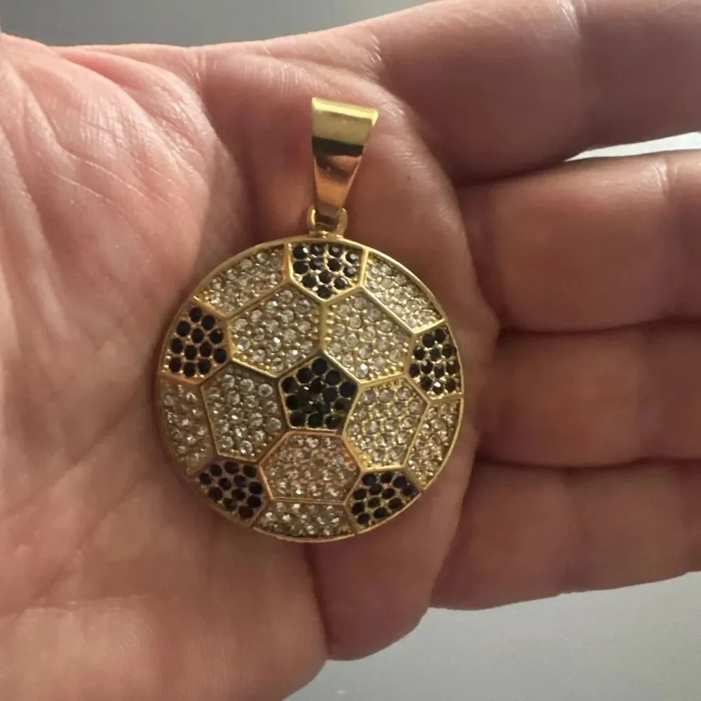 Stainless Steel Soccer Football Pendant 24” Chain World Cup Gold Cubic Zirconia